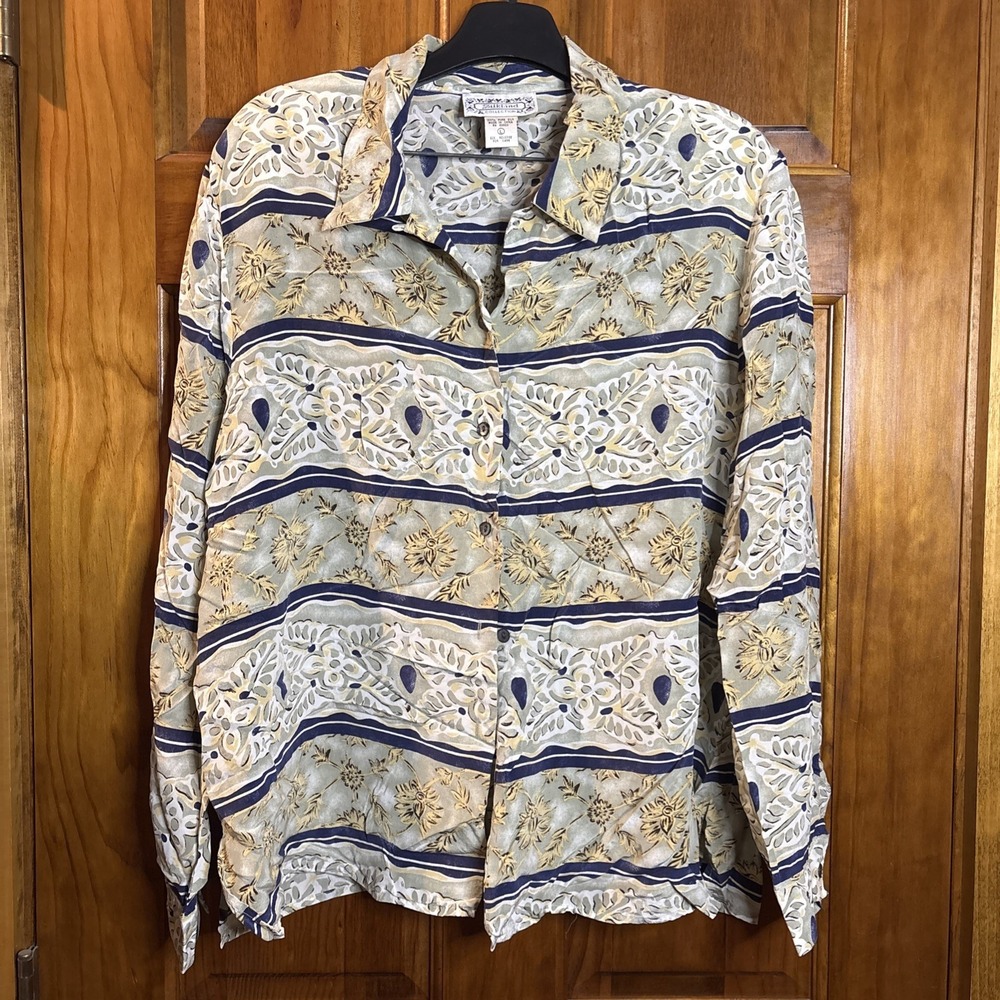 Silkland Collection 100% Silk Floral Longsleeve Blouse Large Vintage Button Up